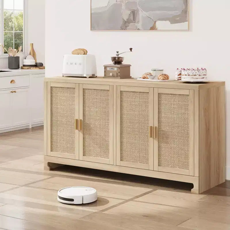 Buffet en rotin 60, Bahut de rangement avec 4 portes et étagères réglables, Console tressée pour salle à manger, salon, entrée