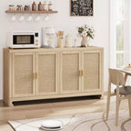 Buffet en rotin 60, Bahut de rangement avec 4 portes et étagères réglables, Console tressée pour salle à manger, salon, entrée