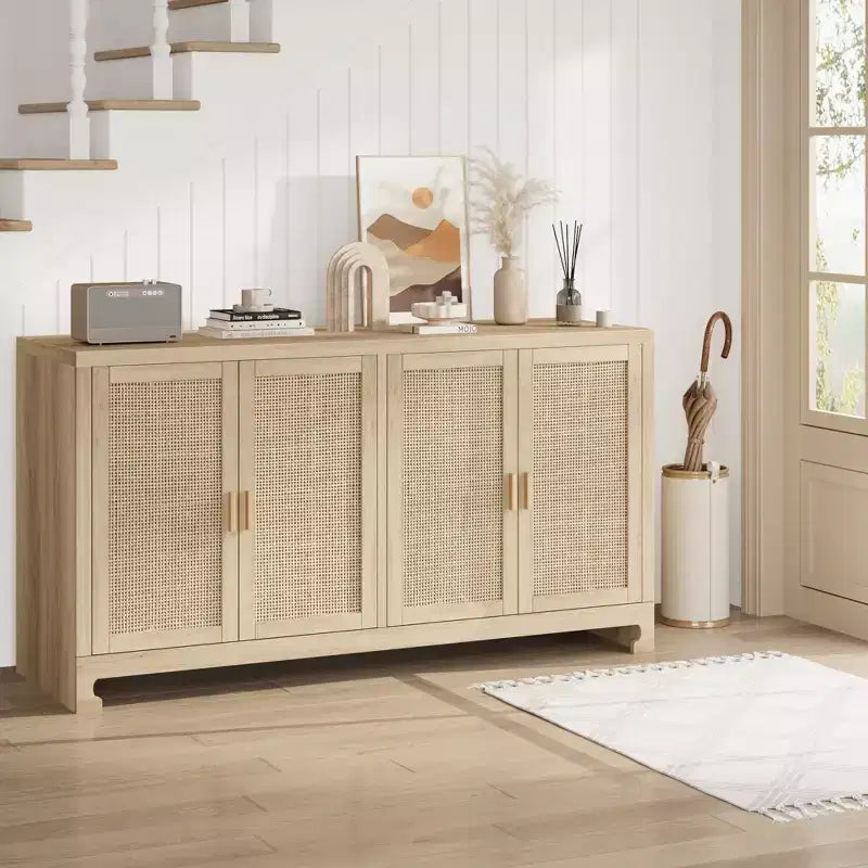 Buffet en rotin 60, Bahut de rangement avec 4 portes et étagères réglables, Console tressée pour salle à manger, salon, entrée