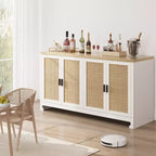 Buffet en rotin 60, Bahut de rangement avec 4 portes et étagères réglables, Console tressée pour salle à manger, salon, entrée