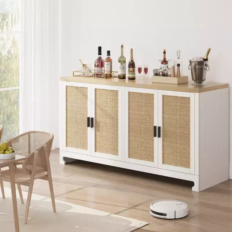 Buffet en rotin 60, Bahut de rangement avec 4 portes et étagères réglables, Console tressée pour salle à manger, salon, entrée