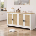 Buffet en rotin 60, Bahut de rangement avec 4 portes et étagères réglables, Console tressée pour salle à manger, salon, entrée