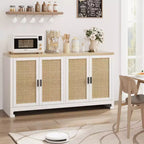 Buffet en rotin 60, Bahut de rangement avec 4 portes et étagères réglables, Console tressée pour salle à manger, salon, entrée