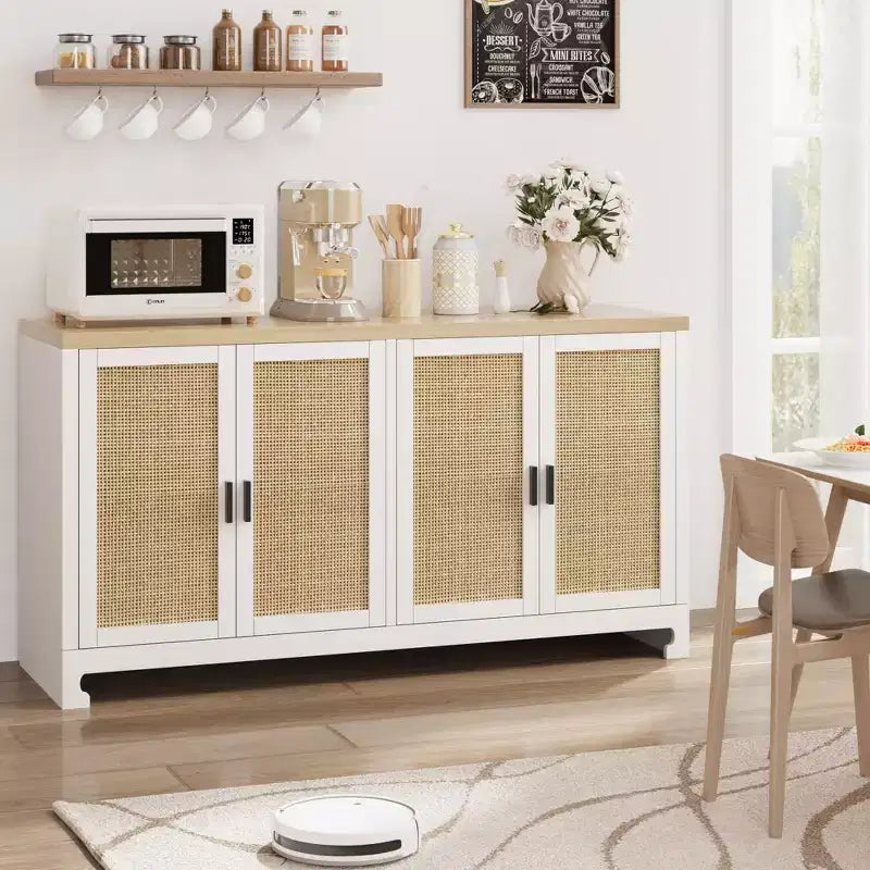 Buffet en rotin 60, Bahut de rangement avec 4 portes et étagères réglables, Console tressée pour salle à manger, salon, entrée