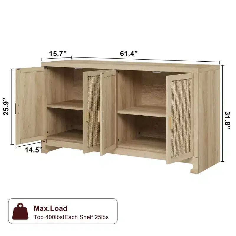 Buffet en rotin 60, Bahut de rangement avec 4 portes et étagères réglables, Console tressée pour salle à manger, salon, entrée