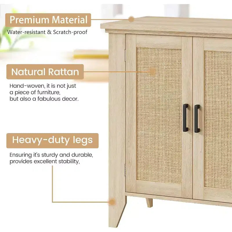 Buffet en rotin, petit meuble de rangement avec portes et étagères, console d'appoint en bois pour salon, salle à manger, cuisine