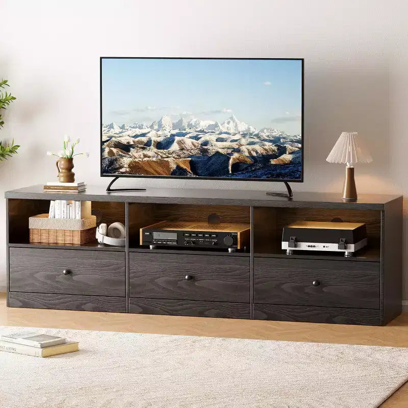 Meuble TV de 178 cm pour TV jusqu'à 203 cm, Console multimédia en bois avec 3 tiroirs de rangement et 3 étagères ouvertes pour salon et chambre