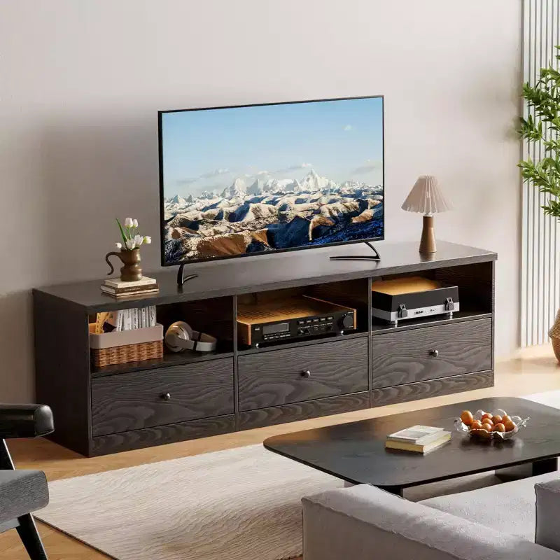 Meuble TV de 178 cm pour TV jusqu'à 203 cm, Console multimédia en bois avec 3 tiroirs de rangement et 3 étagères ouvertes pour salon et chambre