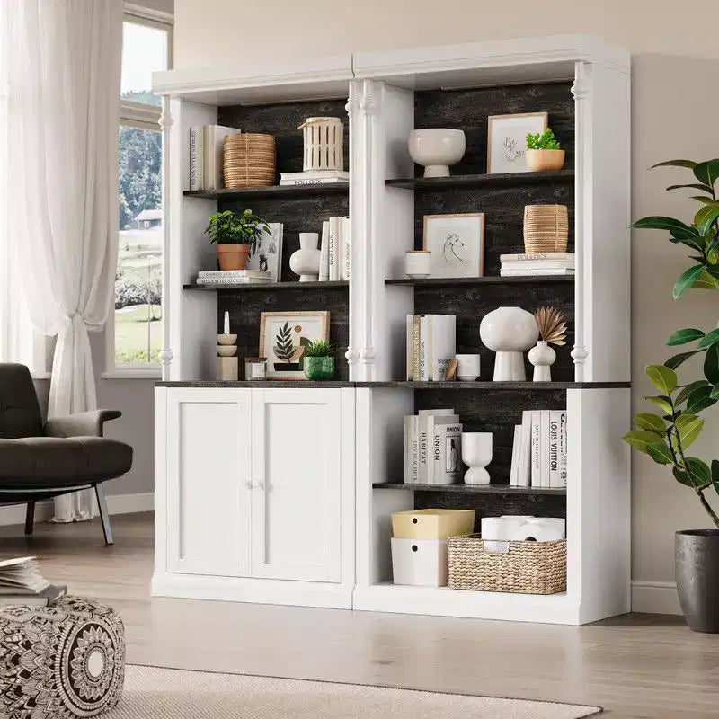 Coolmee Étagère bibliothèque haute réglable à 5 niveaux, Bibliothèque colonne romaine avec lumière LED, Étagères ouvertes et Armoire de rangement à double porte pour bureau à domicile