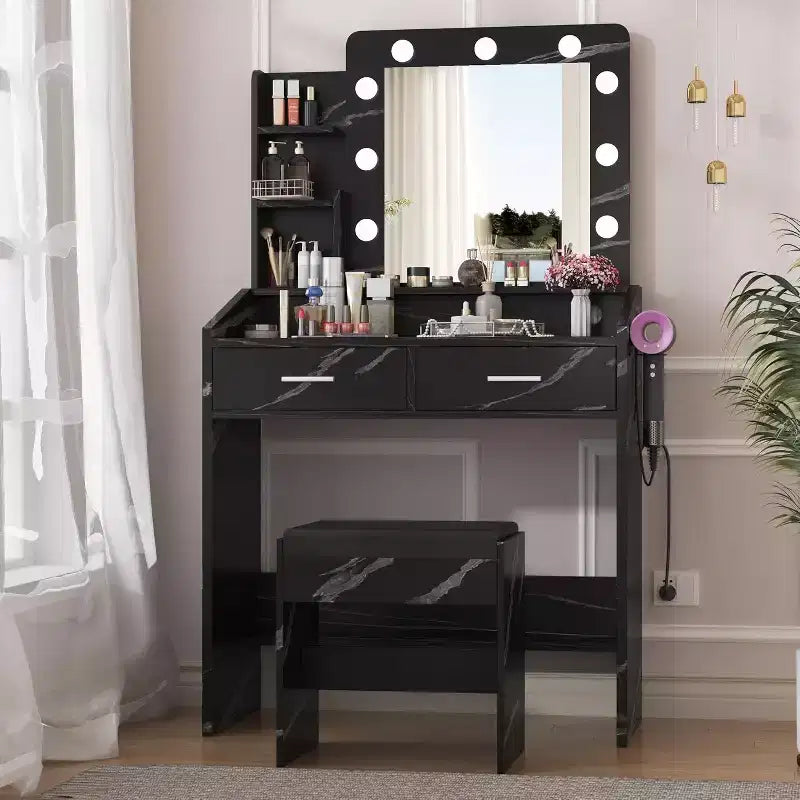COZONY Coiffeuse de maquillage avec miroir et lumières, Table de coiffeuse avec tiroirs, Étagères ouvertes et Tabouret rembourré, Coiffeuse moderne avec grand rangement