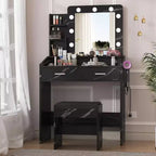COZONY Coiffeuse de maquillage avec miroir et lumières, Table de coiffeuse avec tiroirs, Étagères ouvertes et Tabouret rembourré, Coiffeuse moderne avec grand rangement