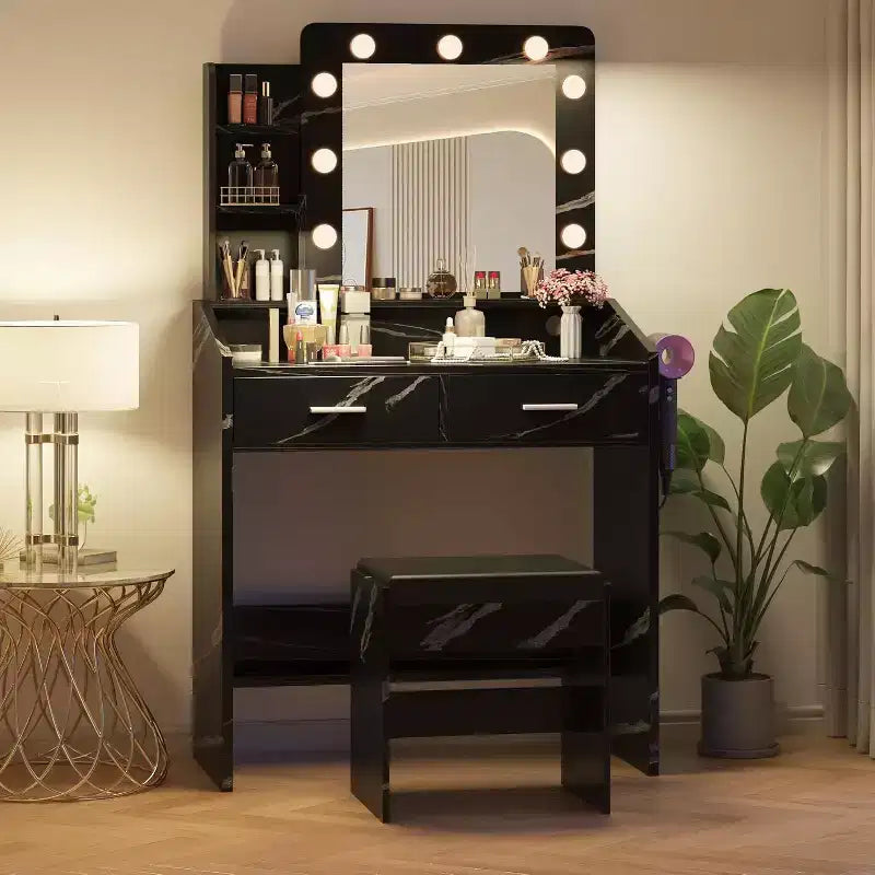 COZONY Coiffeuse de maquillage avec miroir et lumières, Table de coiffeuse avec tiroirs, Étagères ouvertes et Tabouret rembourré, Coiffeuse moderne avec grand rangement