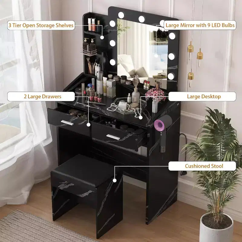 COZONY Coiffeuse de maquillage avec miroir et lumières, Table de coiffeuse avec tiroirs, Étagères ouvertes et Tabouret rembourré, Coiffeuse moderne avec grand rangement