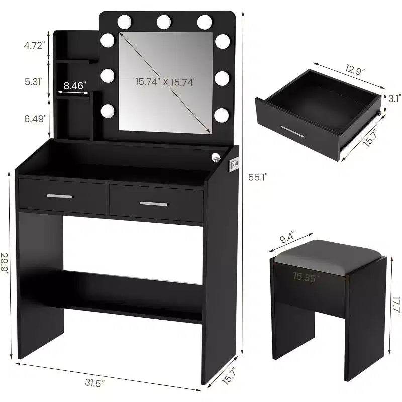 COZONY Coiffeuse de maquillage avec miroir et lumières, Table de coiffeuse avec tiroirs, Étagères ouvertes et Tabouret rembourré, Coiffeuse moderne avec grand rangement
