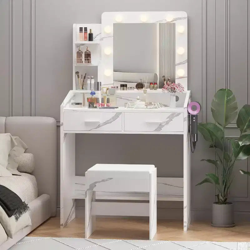 COZONY Coiffeuse de maquillage avec miroir et lumières, Table de coiffeuse avec tiroirs, Étagères ouvertes et Tabouret rembourré, Coiffeuse moderne avec grand rangement