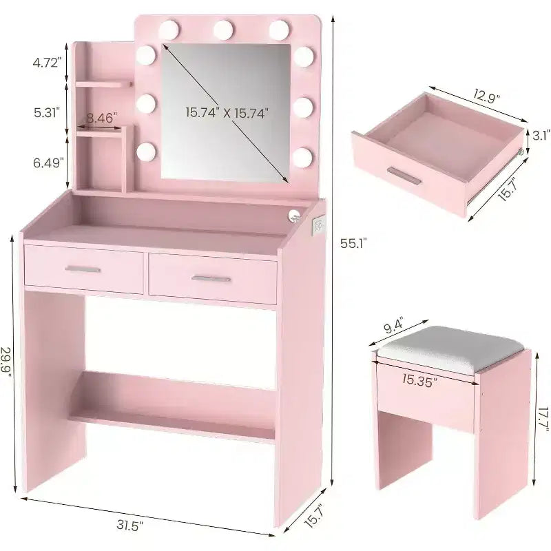 COZONY Coiffeuse de maquillage avec miroir et lumières, Table de coiffeuse avec tiroirs, Étagères ouvertes et Tabouret rembourré, Coiffeuse moderne avec grand rangement