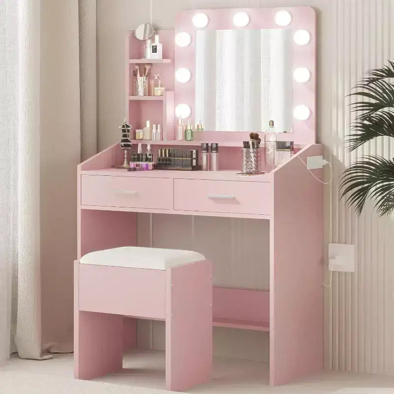 COZONY Coiffeuse de maquillage avec miroir et lumières, Table de coiffeuse avec tiroirs, Étagères ouvertes et Tabouret rembourré, Coiffeuse moderne avec grand rangement
