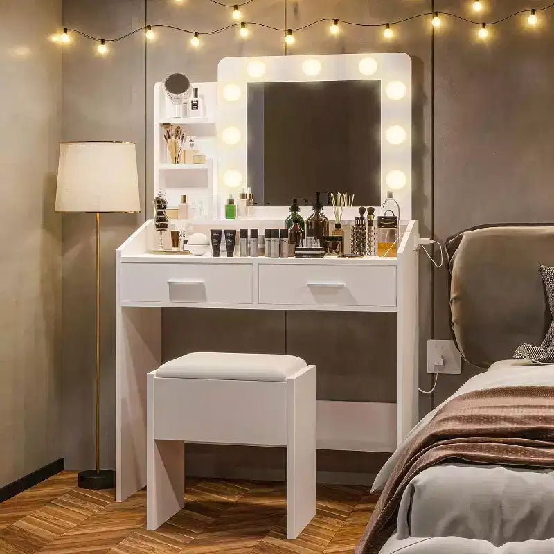 COZONY Coiffeuse de maquillage avec miroir et lumières, Table de coiffeuse avec tiroirs, Étagères ouvertes et Tabouret rembourré, Coiffeuse moderne avec grand rangement