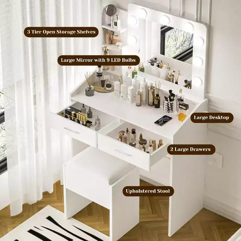 COZONY Coiffeuse de maquillage avec miroir et lumières, Table de coiffeuse avec tiroirs, Étagères ouvertes et Tabouret rembourré, Coiffeuse moderne avec grand rangement