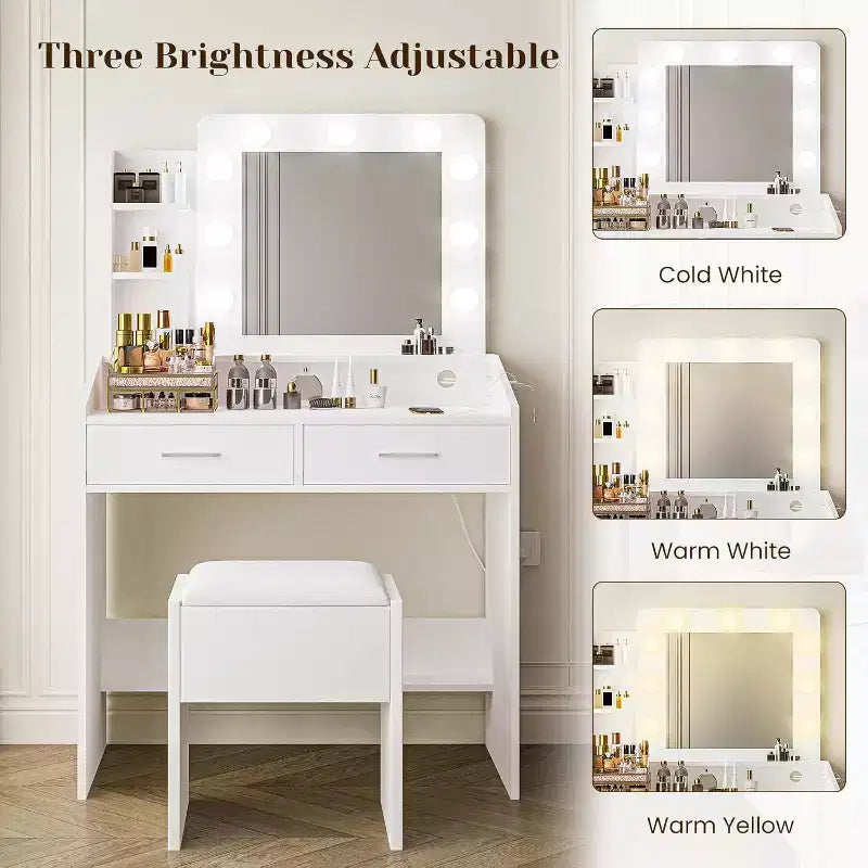 COZONY Coiffeuse de maquillage avec miroir et lumières, Table de coiffeuse avec tiroirs, Étagères ouvertes et Tabouret rembourré, Coiffeuse moderne avec grand rangement