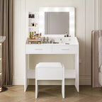 COZONY Coiffeuse de maquillage avec miroir et lumières, Table de coiffeuse avec tiroirs, Étagères ouvertes et Tabouret rembourré, Coiffeuse moderne avec grand rangement