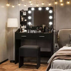 COZONY Coiffeuse de maquillage avec miroir et lumières, Table de coiffeuse avec tiroirs, Étagères ouvertes et Tabouret rembourré, Coiffeuse moderne avec grand rangement