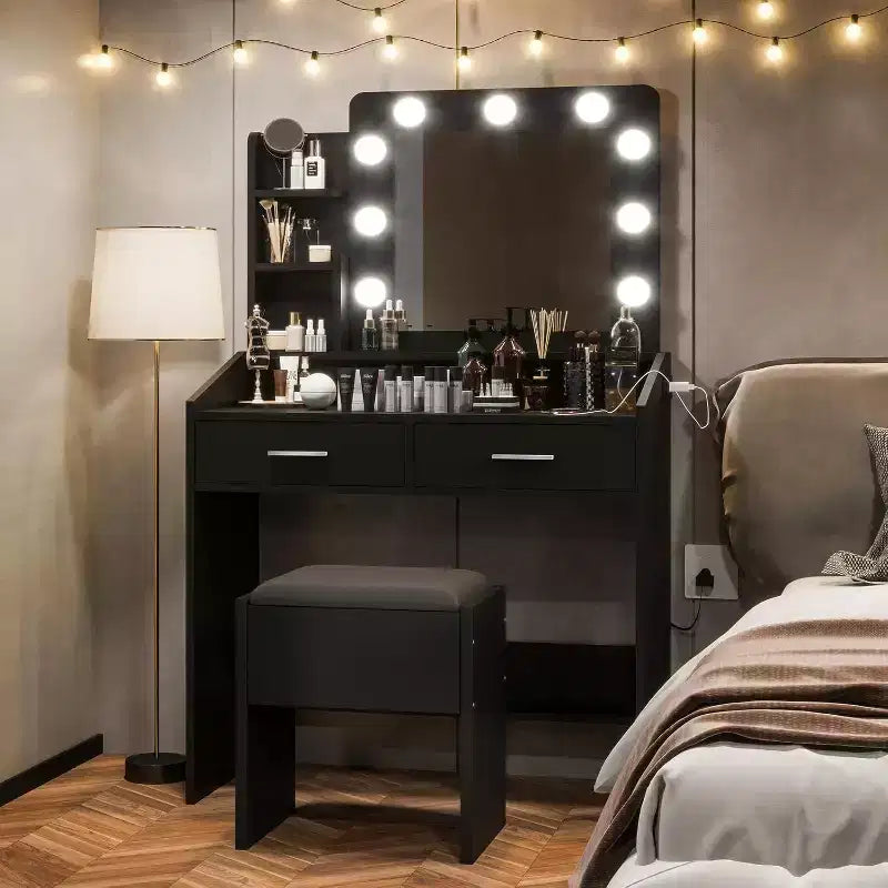 COZONY Coiffeuse de maquillage avec miroir et lumières, Table de coiffeuse avec tiroirs, Étagères ouvertes et Tabouret rembourré, Coiffeuse moderne avec grand rangement