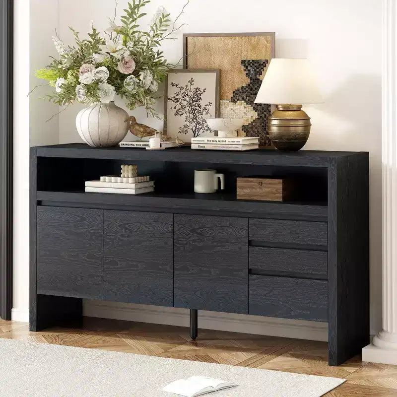 Meuble de rangement Okak de 60 pouces, buffet avec 3 portes et 3 tiroirs, meuble de rangement pour salon, salle à manger, cuisine