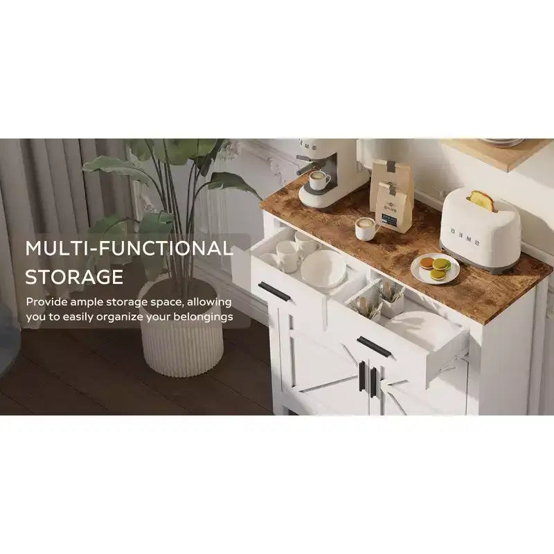 Meuble de buffet Okak Farmhouse, buffet avec 2 portes et 2 tiroirs, meuble de rangement pour salon, salle à manger, cuisine