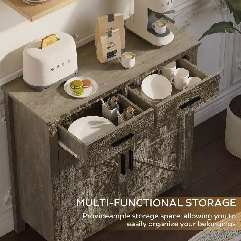Meuble de buffet Okak Farmhouse, buffet avec 2 portes et 2 tiroirs, meuble de rangement pour salon, salle à manger, cuisine
