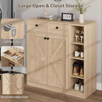 Coolmee Meuble à chaussures avec portes et tiroirs, rangement à chaussures de 106,7 cm de haut avec 3 étagères réglables et base stable, étagère à chaussures 4 niveaux