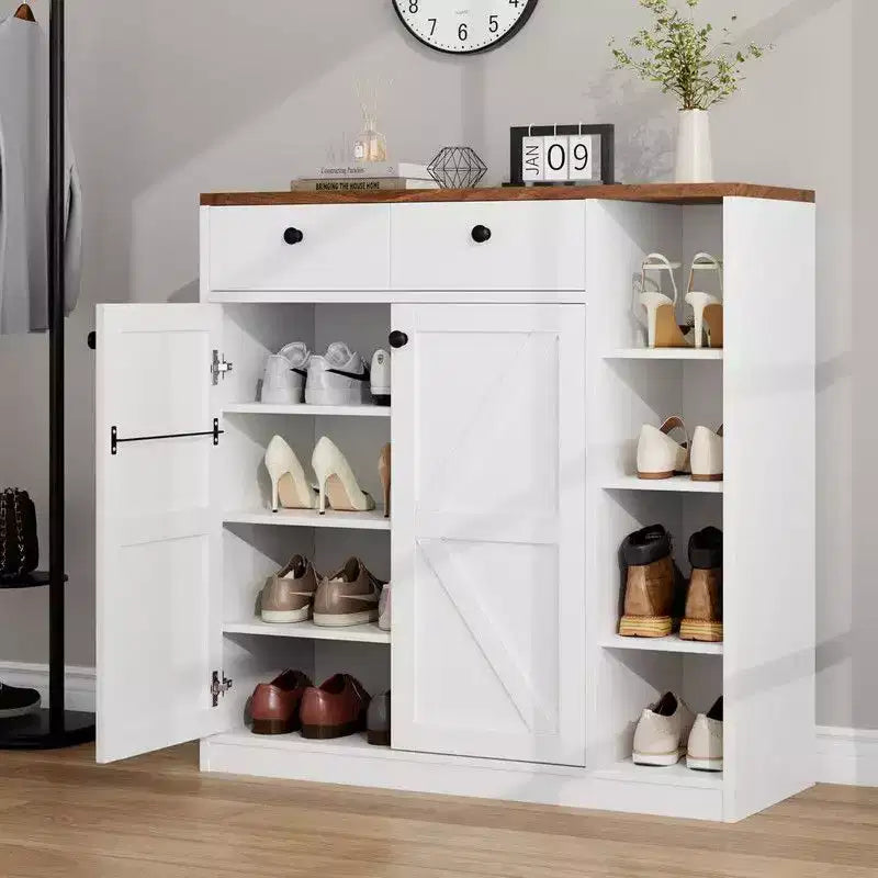 Coolmee Meuble à chaussures avec portes et tiroirs, rangement à chaussures de 106,7 cm de haut avec 3 étagères réglables et base stable, étagère à chaussures 4 niveaux