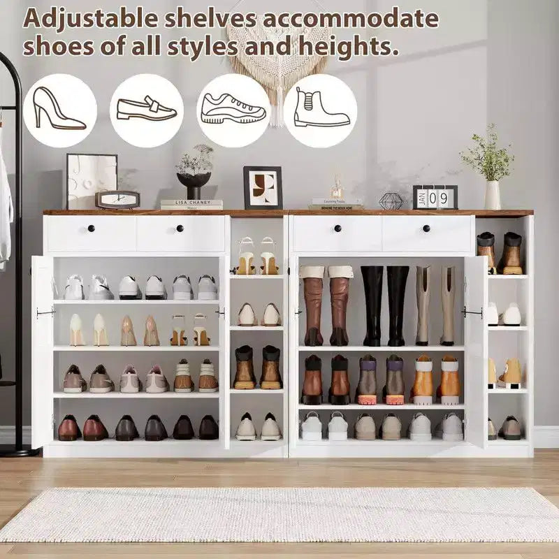 Coolmee Meuble à chaussures avec portes et tiroirs, rangement à chaussures de 106,7 cm de haut avec 3 étagères réglables et base stable, étagère à chaussures 4 niveaux