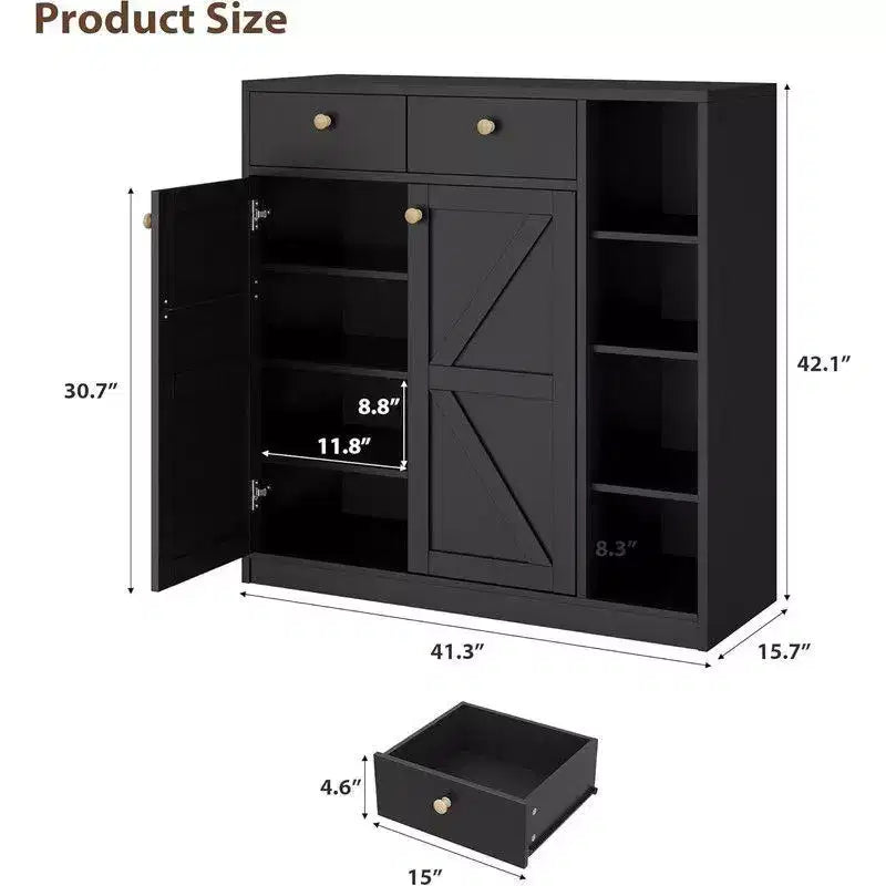 Coolmee Meuble à chaussures avec portes et tiroirs, rangement à chaussures de 106,7 cm de haut avec 3 étagères réglables et base stable, étagère à chaussures 4 niveaux