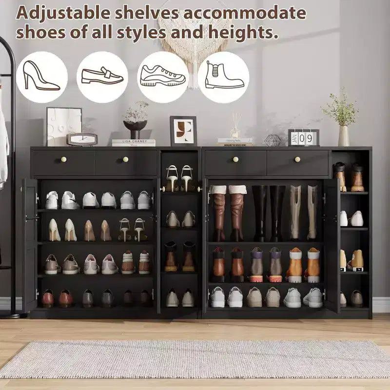 Coolmee Meuble à chaussures avec portes et tiroirs, rangement à chaussures de 106,7 cm de haut avec 3 étagères réglables et base stable, étagère à chaussures 4 niveaux