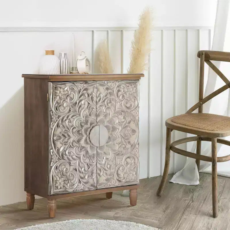 Captiva Designs Meuble buffet floral sculpté en argent antique avec portes pour salon, entrée