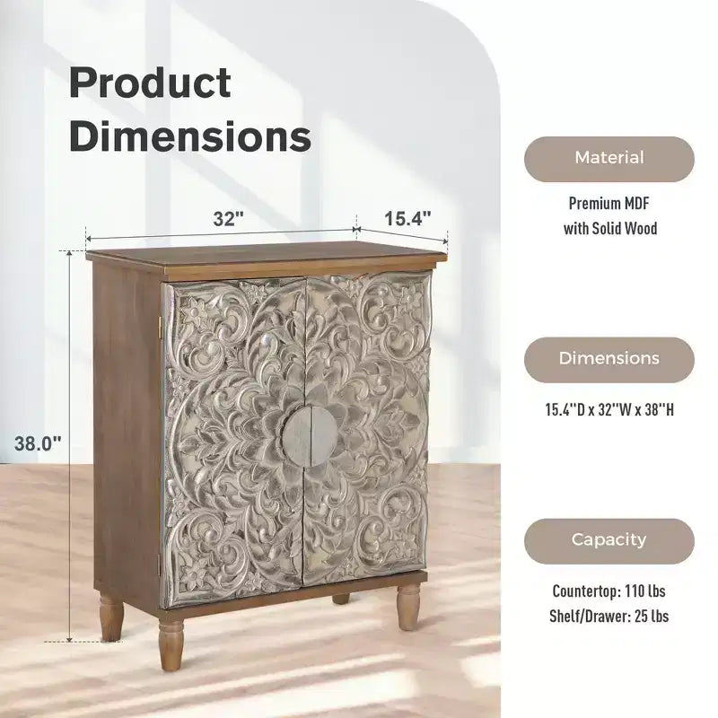 Captiva Designs Meuble buffet floral sculpté en argent antique avec portes pour salon, entrée