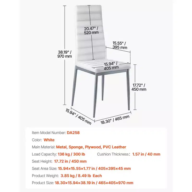VEVOR Lot de 4 chaises d'appoint modernes pour salle à manger, chaise latérale rembourrée en cuir pour tables à manger, chaise de table avec coussins épais et pieds en métal, blanc