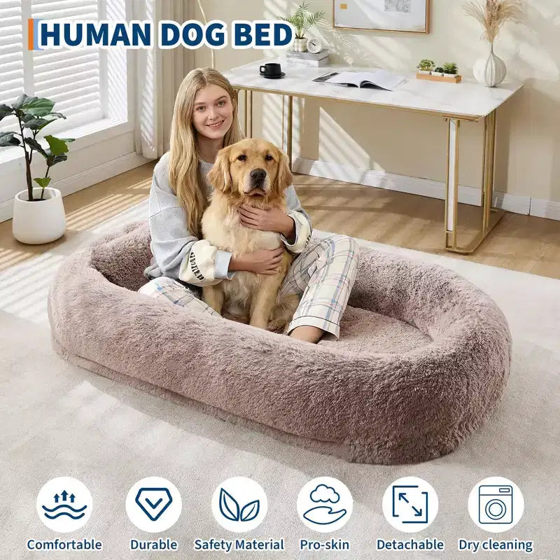 Lit pour humain et animaux de compagnie 67x43x8, aucun assemblage requis, fausse fourrure moelleuse lavable, lit orthopédique pour chien avec oreiller moelleux, poche latérale