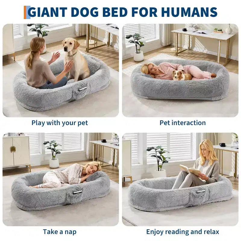 Lit pour humain et animaux de compagnie 67x43x8, aucun assemblage requis, fausse fourrure moelleuse lavable, lit orthopédique pour chien avec oreiller moelleux, poche latérale