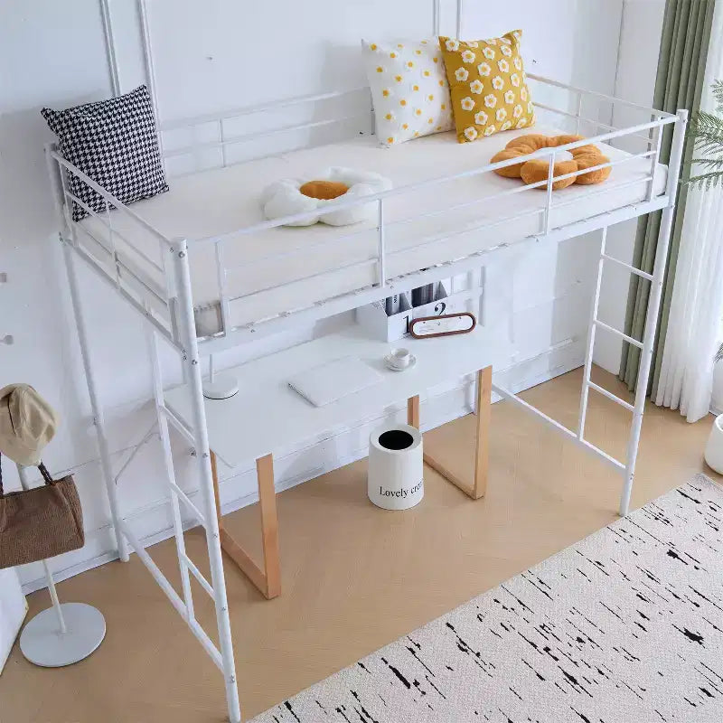 Lit mezzanine complet Karl Home avec escalier, lit superposé individuel en métal avec barrières de sécurité et 2 échelles latérales, pas besoin de sommier tapissier