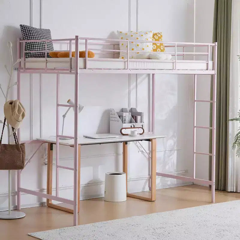 Lit mezzanine complet Karl Home avec escalier, lit superposé individuel en métal avec barrières de sécurité et 2 échelles latérales, pas besoin de sommier tapissier