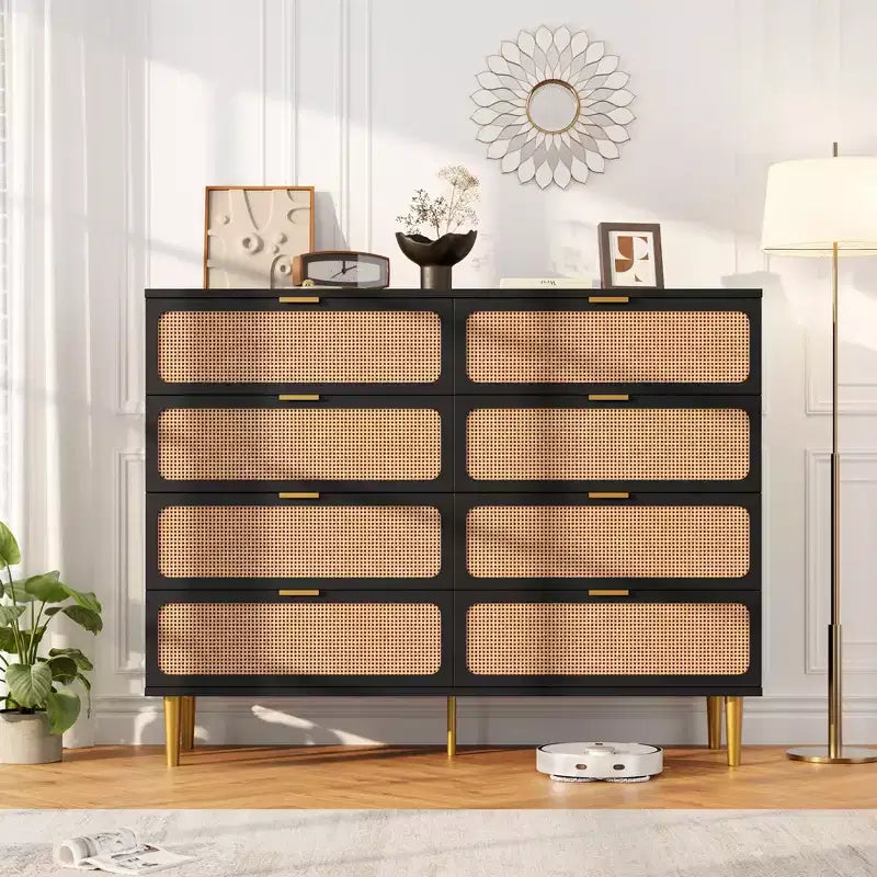 Commode à 8 tiroirs en rotin pour chambre à coucher, commode haute avec tiroirs profonds, grande commode pour placard avec plateau large, longue commode en bois
