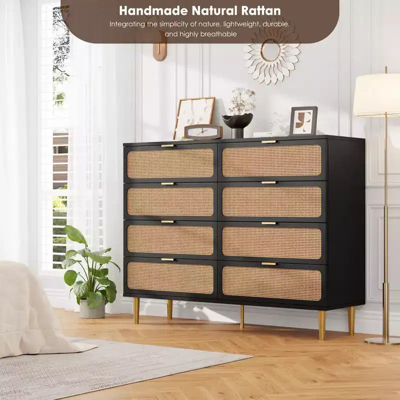 Commode à 8 tiroirs en rotin pour chambre à coucher, commode haute avec tiroirs profonds, grande commode pour placard avec plateau large, longue commode en bois
