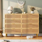 Commode à 8 tiroirs en rotin pour chambre à coucher, commode haute avec tiroirs profonds, grande commode pour placard avec plateau large, longue commode en bois