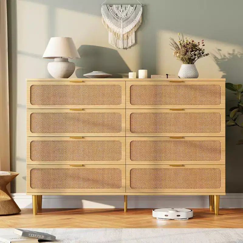 Commode à 8 tiroirs en rotin pour chambre à coucher, commode haute avec tiroirs profonds, grande commode pour placard avec plateau large, longue commode en bois