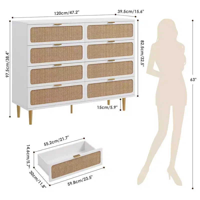 Commode à 8 tiroirs en rotin pour chambre à coucher, commode haute avec tiroirs profonds, grande commode pour placard avec plateau large, longue commode en bois