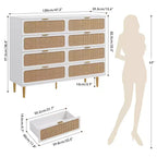 Commode à 8 tiroirs en rotin pour chambre à coucher, commode haute avec tiroirs profonds, grande commode pour placard avec plateau large, longue commode en bois