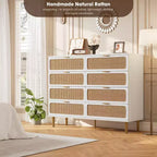 Commode à 8 tiroirs en rotin pour chambre à coucher, commode haute avec tiroirs profonds, grande commode pour placard avec plateau large, longue commode en bois