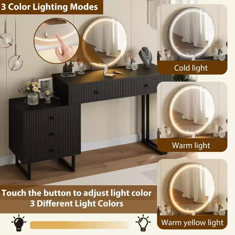 COZONY Coiffeuse avec miroir et lumières, Petite table de maquillage avec tiroirs, Coiffeuse moderne avec 3 couleurs de luminosité réglable pour chambre à coucher
